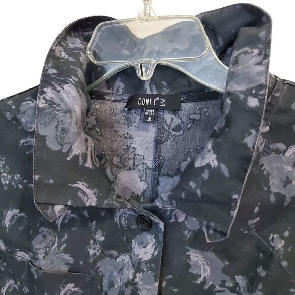Comfy USA Tokyo Size S Button up Dress Tunic Jacket Gray Floral Long Sleeve - Picture 3 of 13